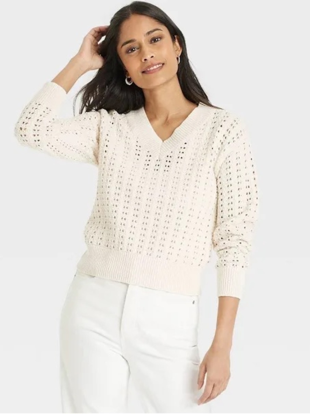 Universal Thread Cream Open-Knit V-Neck Sweater